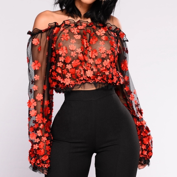 Fashion Nova Tops - Fashion Nova Sexy Sheer Black Longsleeve With Red Flowers Tessa Top.  Large